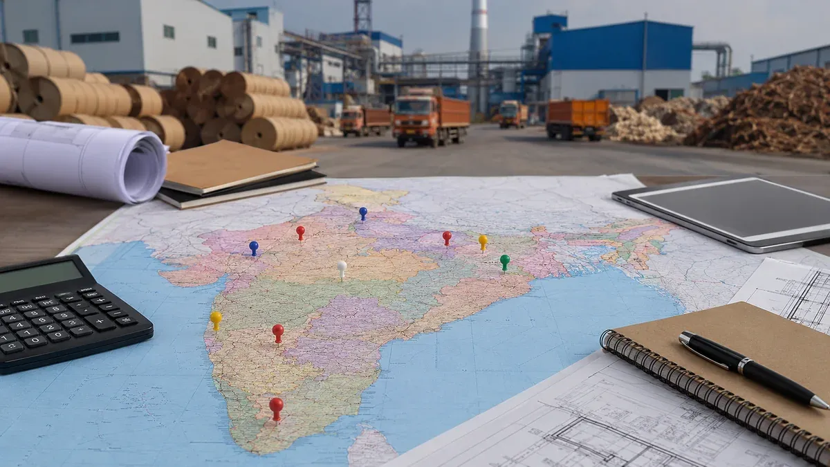 Map of India with location pins marking the best states for paper mill setup including Maharashtra Gujarat Andhra Pradesh Tamil Nadu and Karnataka