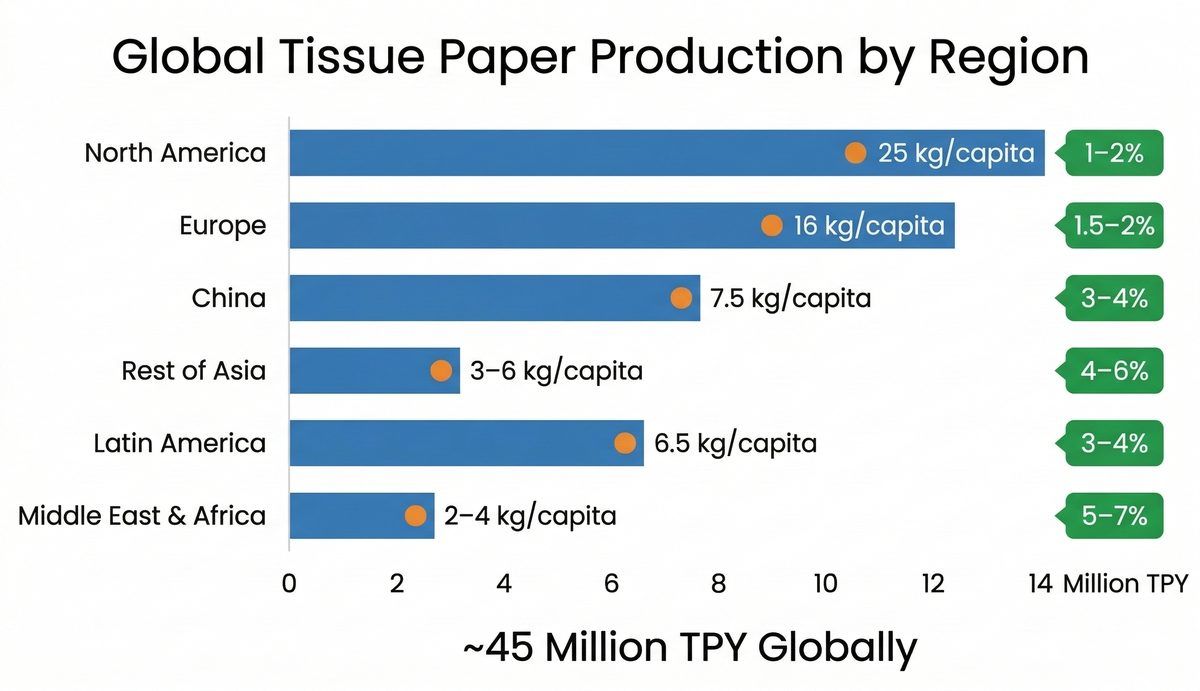 Global tissue paper production by region — horizontal bar chart showing North America, Europe, China, Rest of Asia, Latin America, and Middle East and Africa with per capita consumption and growth rates totaling 45 million TPY globally