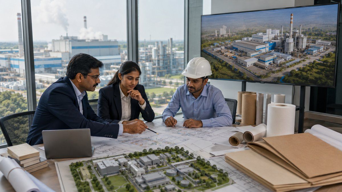 Indian engineering team reviewing paper mill plant layout and feasibility plans during the project planning stage