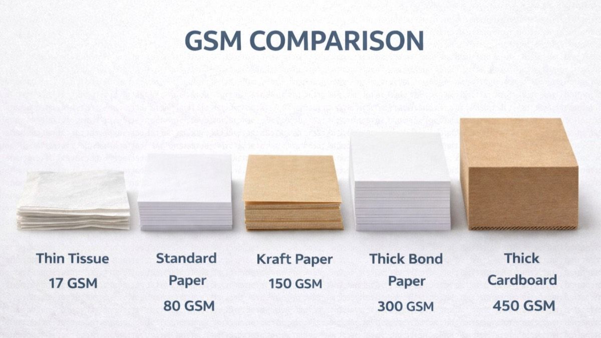 Paper GSM comparison chart showing different paper weights and thicknesses