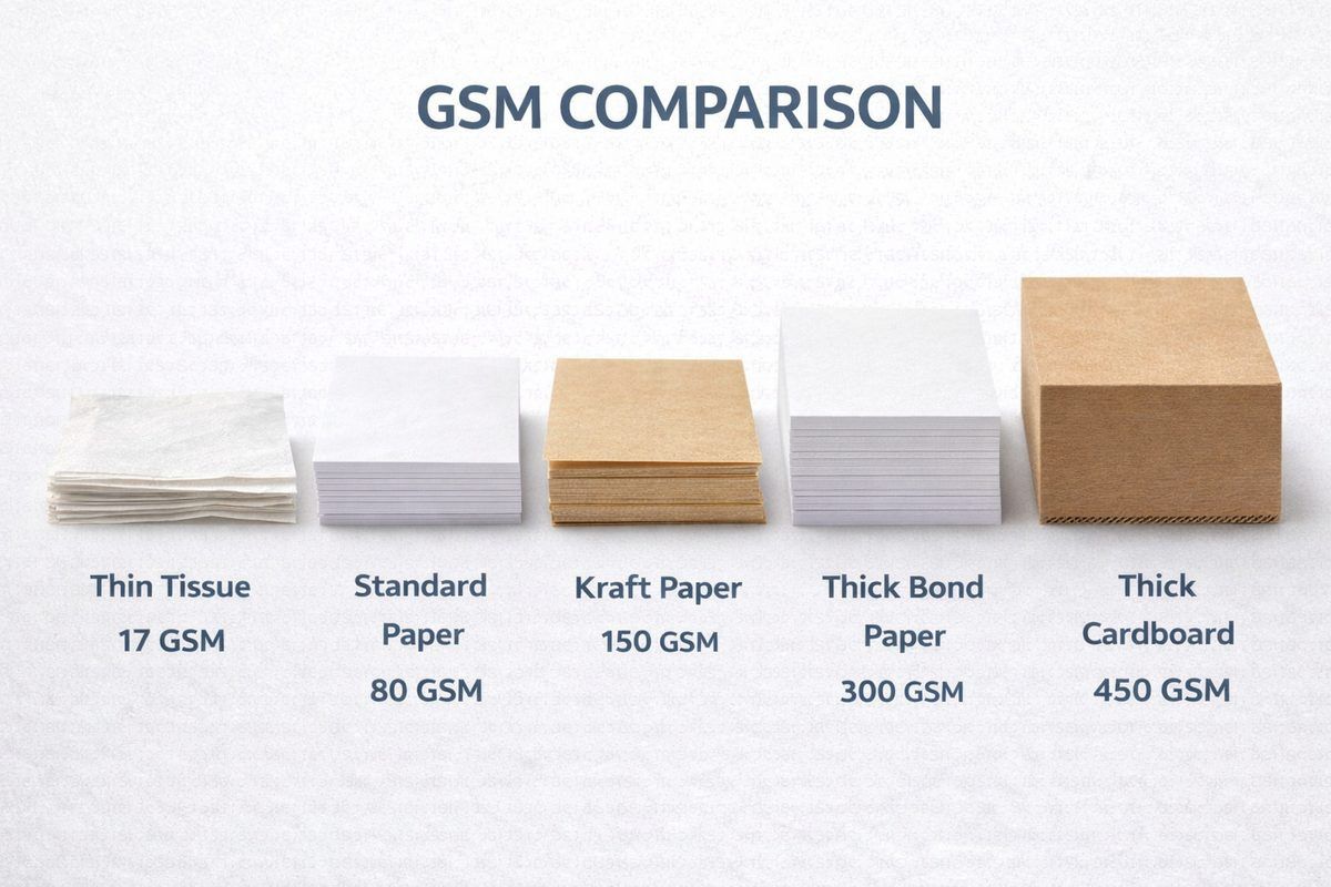 Paper GSM comparison showing tissue paper at 17 GSM, standard paper at 80 GSM, kraft paper at 150 GSM, bond paper at 300 GSM, and cardboard at 450 GSM