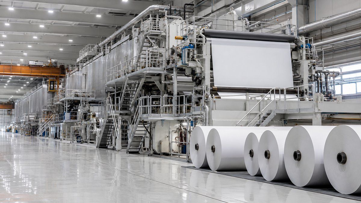 Modern paper manufacturing machine line with finished paper rolls at an Indian paper mill