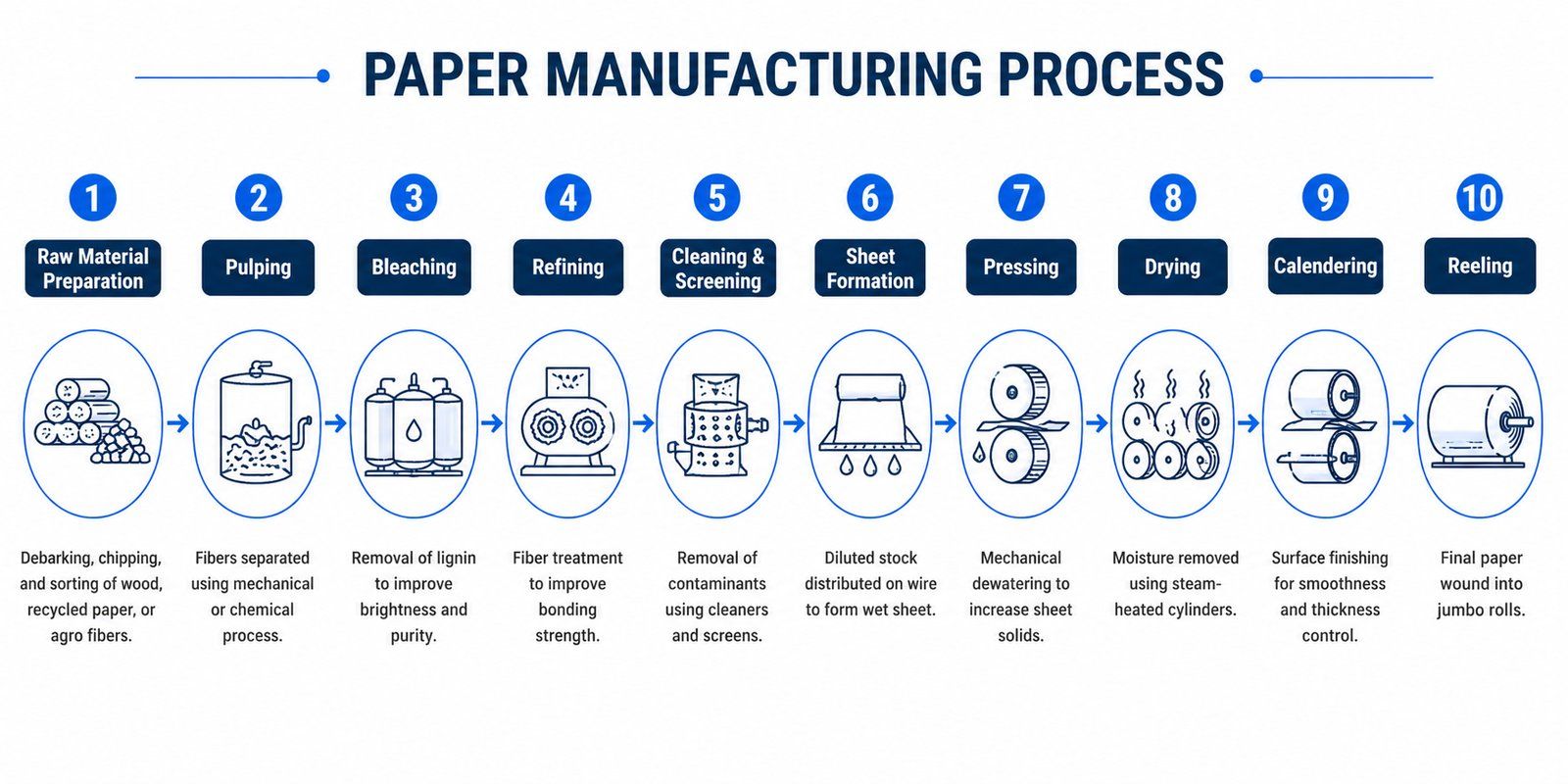 Paper manufacturing process flow chart showing all 10 industrial stages from raw material preparation to reeling
