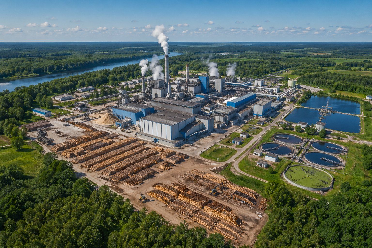 Aerial view of an integrated paper mill complex showing log yard, production buildings, and effluent treatment ponds