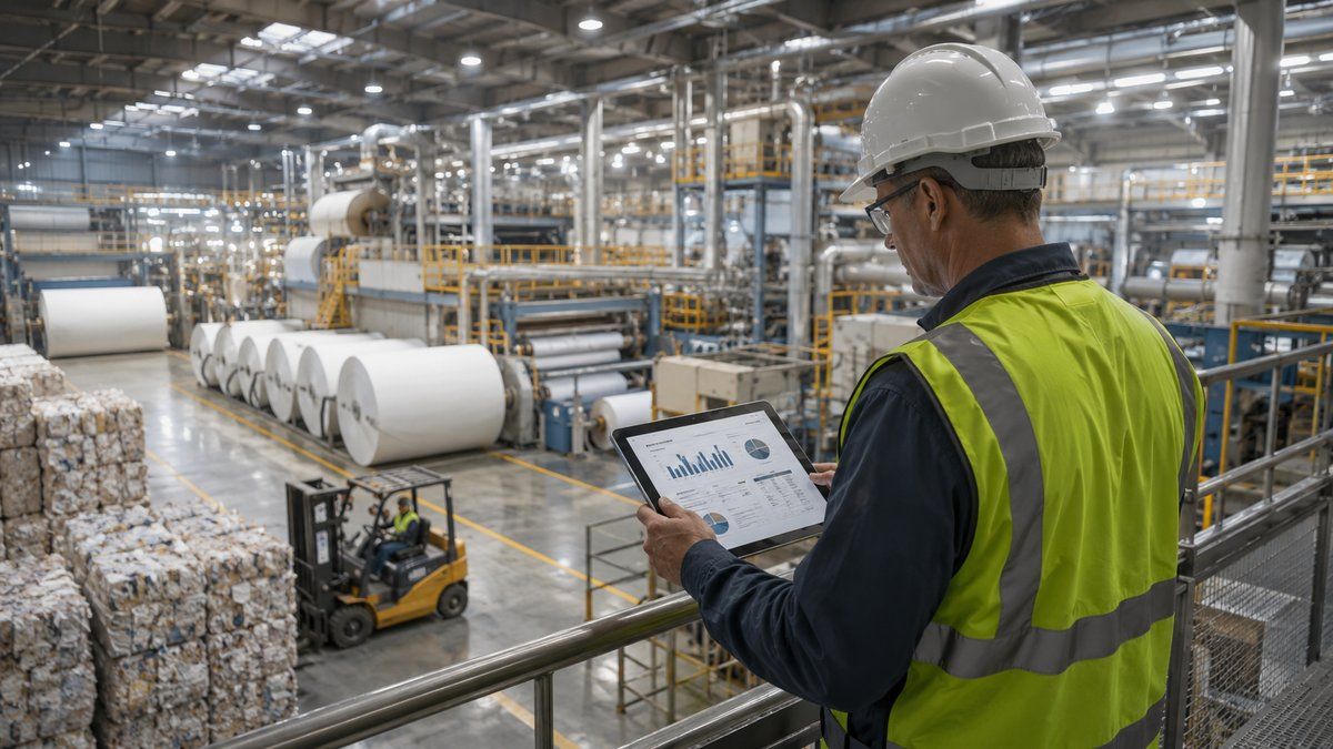Paper mill operations engineer monitoring production efficiency and operating costs on a tablet inside an Indian paper manufacturing plant