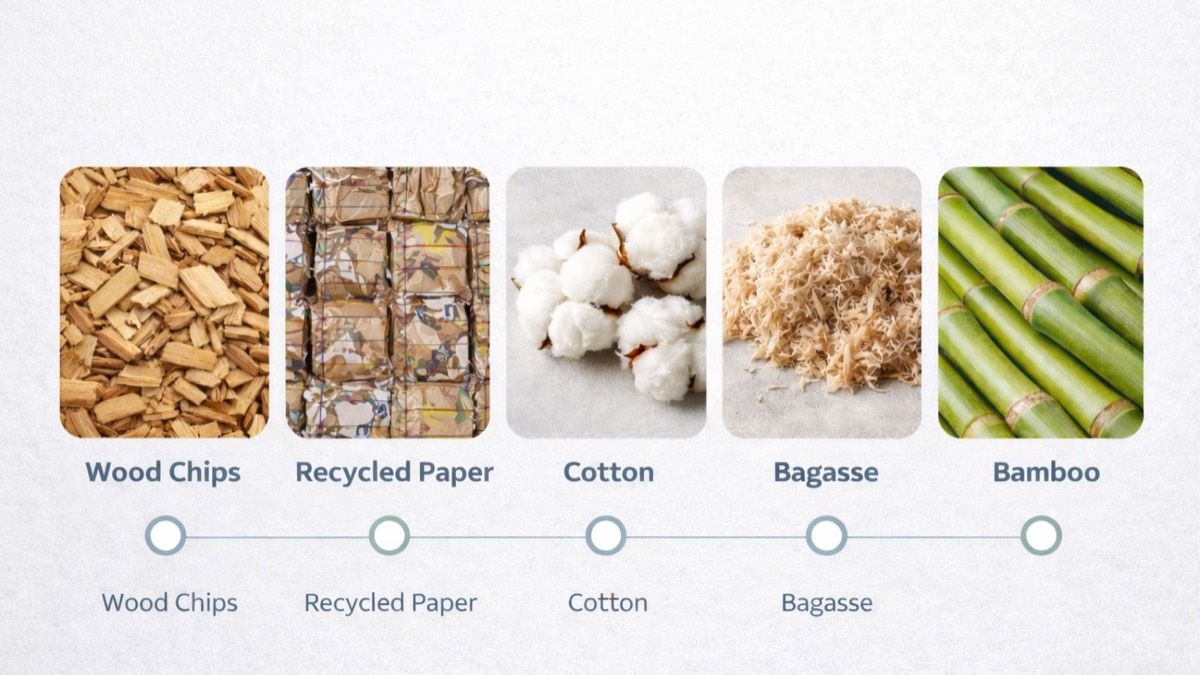 Paper raw materials including wood chips, bagasse, and cotton fibers