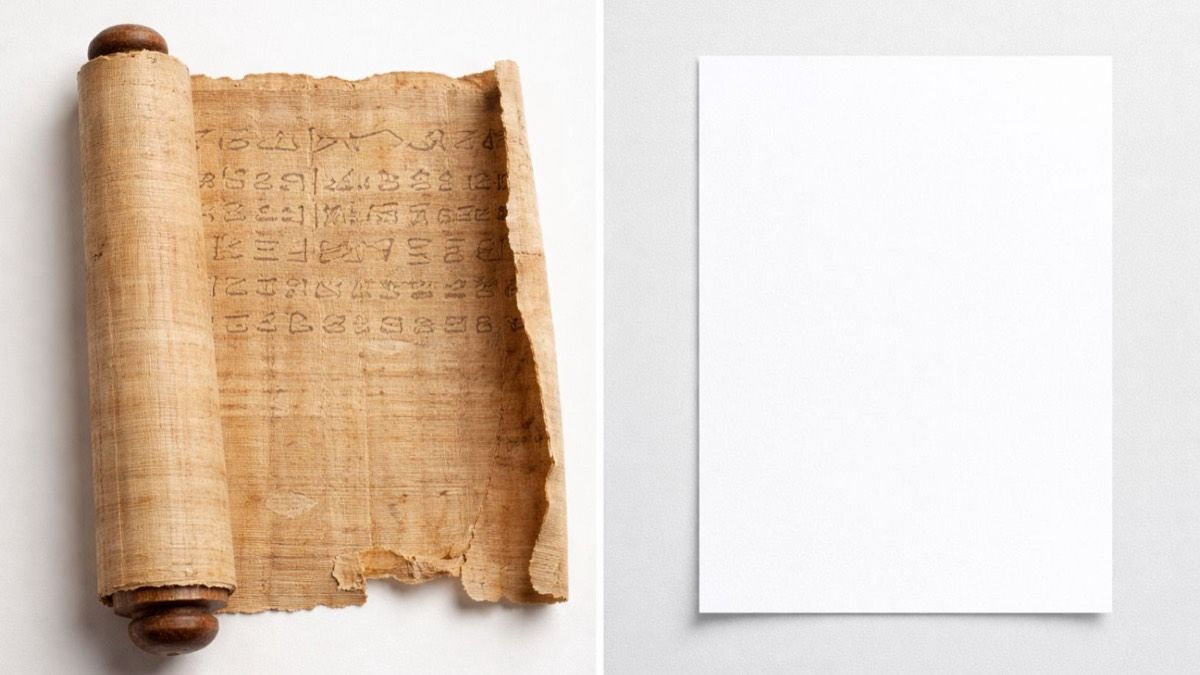Comparison of ancient papyrus scroll and modern paper sheet