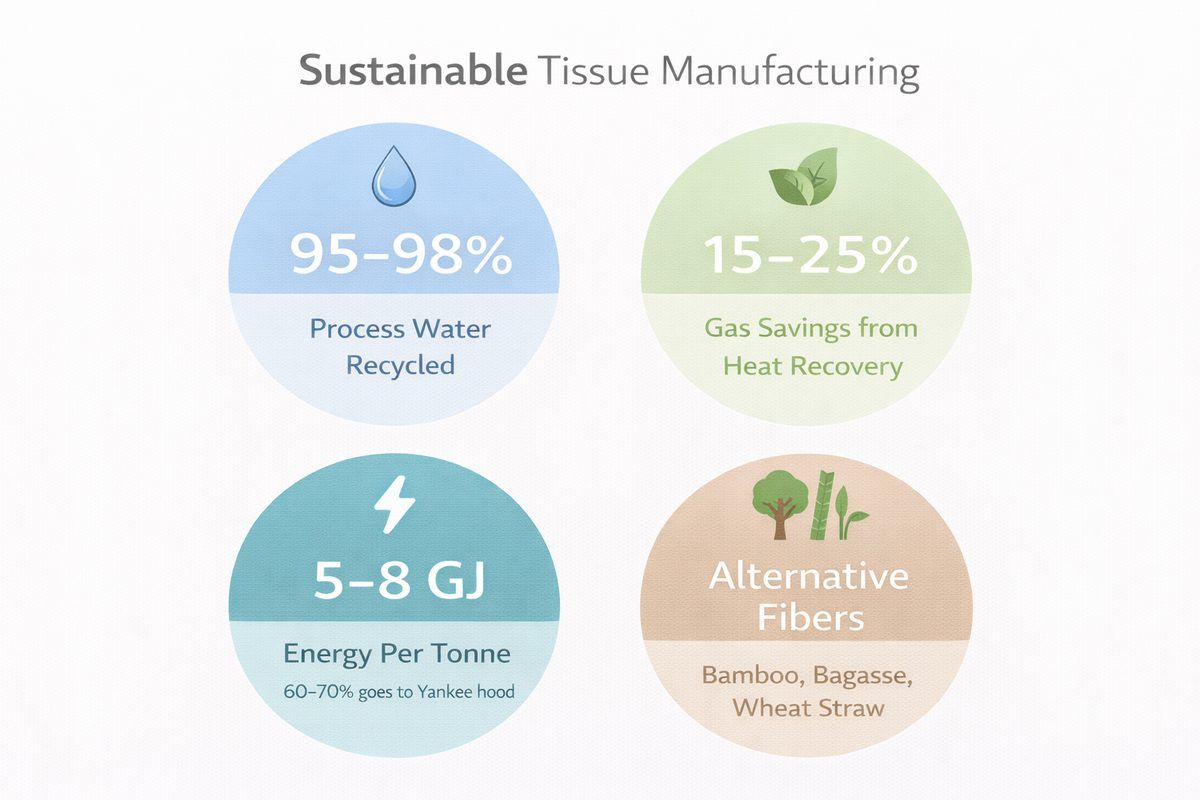 Sustainable tissue manufacturing infographic — 95–98% process water recycled, 15–25% gas savings from heat recovery, 5–8 GJ energy per tonne, and alternative fibers including bamboo, bagasse, and wheat straw