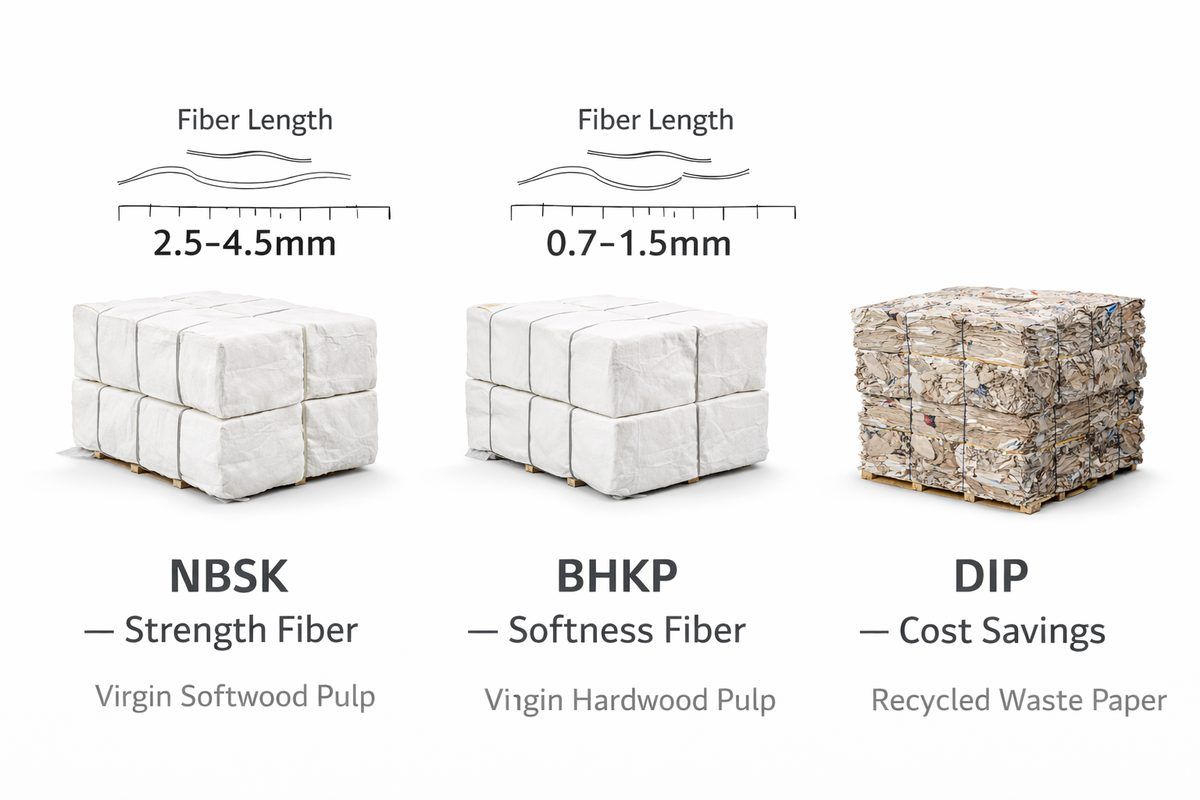 Tissue paper raw materials — NBSK virgin softwood pulp bales, BHKP hardwood pulp bales, and DIP recycled waste paper with fiber length comparison