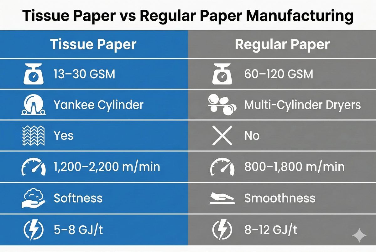 Tissue paper vs regular paper manufacturing comparison — basis weight, drying method, creping, machine speed, quality focus, and energy consumption side by side