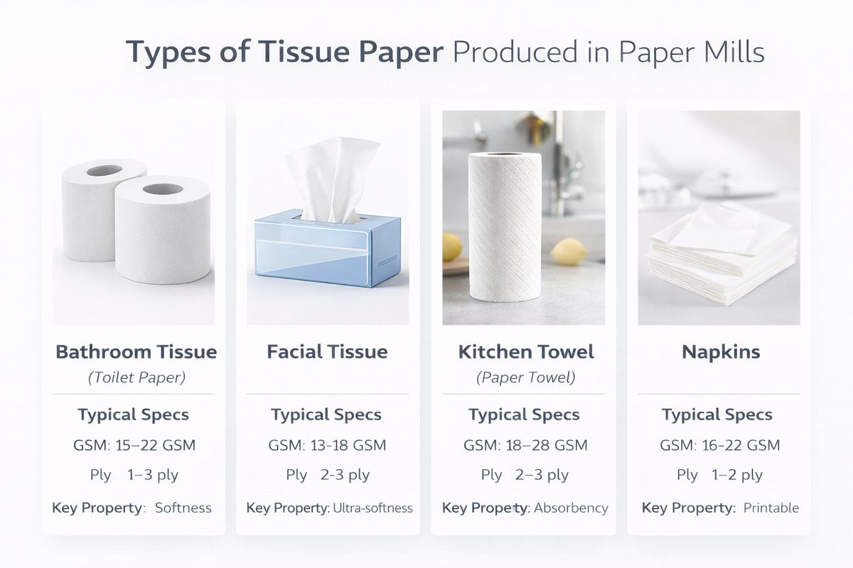 Types of tissue paper produced in paper mills — bathroom tissue, facial tissue, kitchen towel, and napkins with GSM and ply specifications