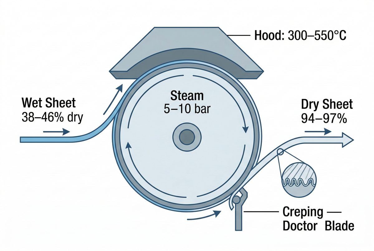 Yankee dryer diagram for tissue paper machine showing steam pressure at 5–10 bar, hood temperature 300–550°C, wet sheet entering at 38–46% dryness and dry sheet exiting at 94–97% with creping doctor blade